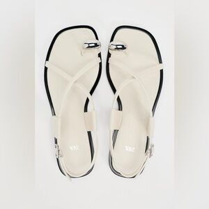 Zara Flat Strappy Sandals with Metal Ornament - White/Silver
